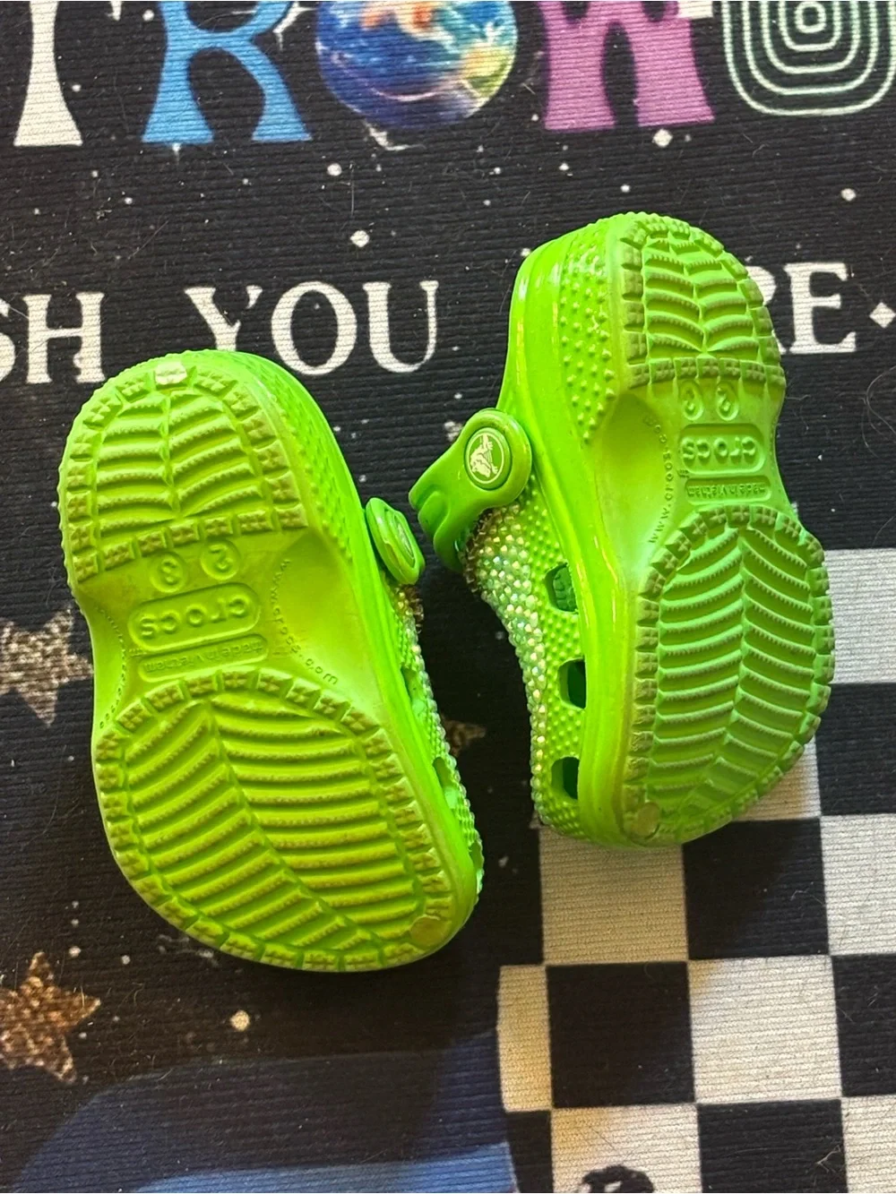CROCS Kids' Lime Green Jeweled Clogs with Monster Patch